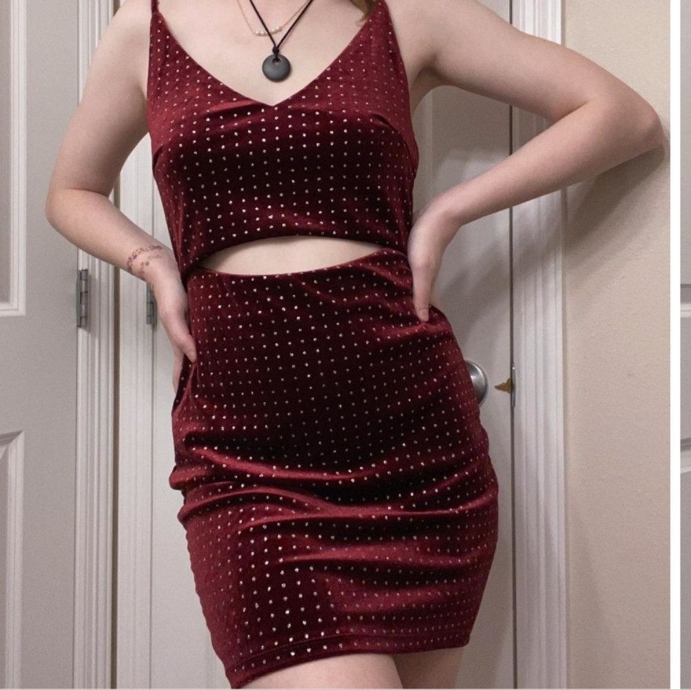 Sparkly Velvet Burgundy Gold Strappy Mini Dress Cutout Size Large